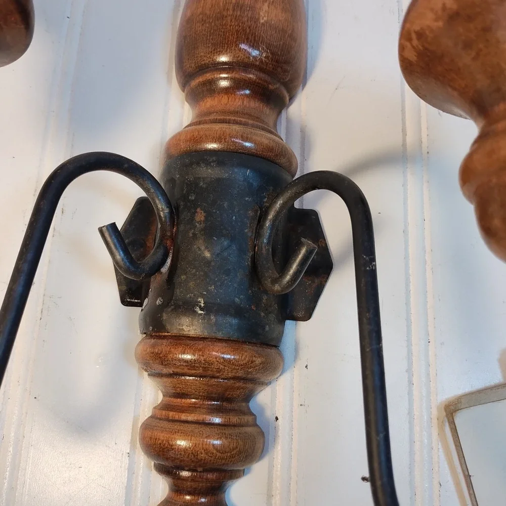 Vtg Home Interior Farmhouse Wood Wrought Iron Wall Sconce Double Candle MCM Folk